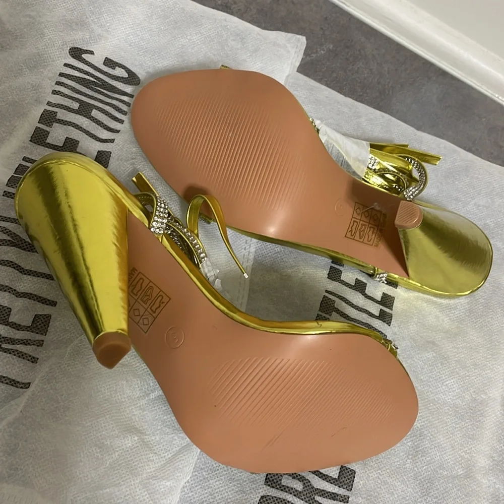 PrettyLittleThings GOLD DIAMANTE LACE UP CONE‎ HEELS size 5